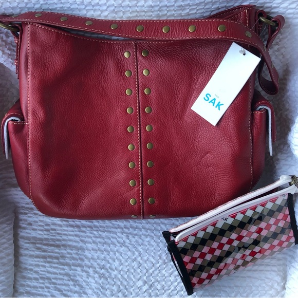 The Sak N.W. T. Studded Leather Hobo Bag With Cosmetic Case.Color Red Topstitch - Picture 7 of 8